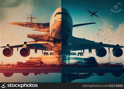 aviation industry double exposure, with planes in the air and on the runway, created with generative ai. aviation industry double exposure, with planes in the air and on the runway