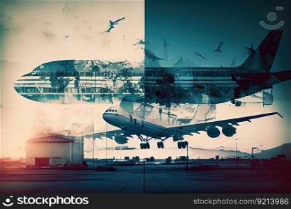 aviation industry double exposure, with planes in the air and on the runway, created with generative ai. aviation industry double exposure, with planes in the air and on the runway