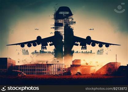 aviaton industry double exposure, with planes landing and taking off in the background, created with generative ai. aviaton industry double exposure, with planes landing and taking off in the background