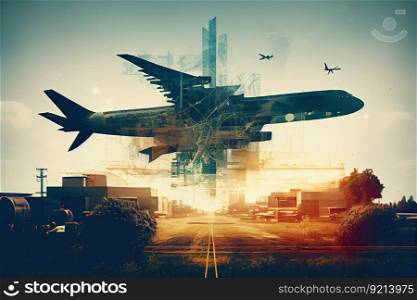 aviaton industry double exposure, with planes landing and taking off in the background, created with generative ai. aviaton industry double exposure, with planes landing and taking off in the background