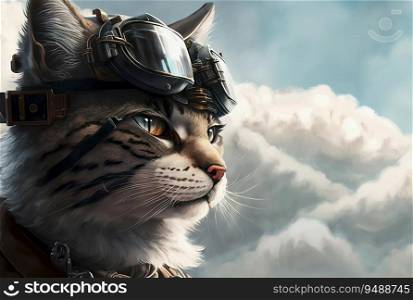 Aviator Cat with Googles Above the Clouds  