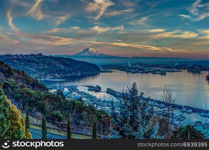 Aview of Mount Rainier and the Port of Tacoma. HDR image.