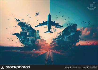 avinig industry double exposure with airplanes landing and taking off on a busy airport, created with generative ai. avinig industry double exposure with airplanes landing and taking off on a busy airport