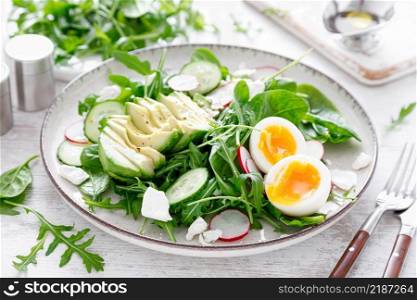 Avocado and boiled egg fresh vegetable salad with radish, cucumber, spinach, arugula and cottage cheese