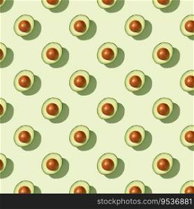 Avocado on green background pattern top view flat lay. Summer color. Minimal concept. Avocado on green background pattern top view flat lay
