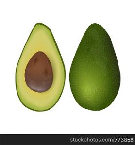 Avocado ripe fruit. Persea americana raw exotic pod whole and halved with seed. Fatty flesh. Super food, cosmetology, salads, health care, for prints, labels, web. vector illustration.. Avocado ripe fruit. Persea americana raw exotic pod whole and halved with seed. Fatty flesh.