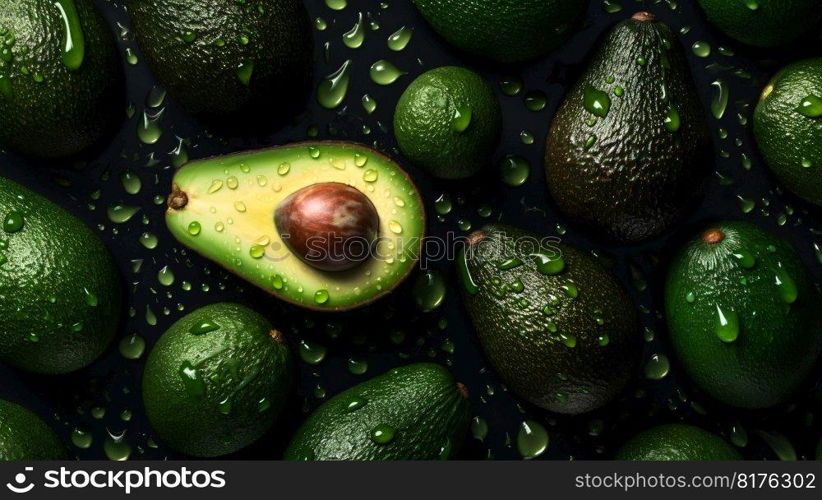 Avocado seamless background with water drops, top view, flat lay. Generative AI. High quality illustration. Avocado seamless background with water drops, top view, flat lay. Generative AI