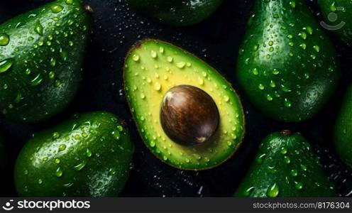 Avocado seamless background with water drops, top view, flat lay. Generative AI. High quality illustration. Avocado seamless background with water drops, top view, flat lay. Generative AI