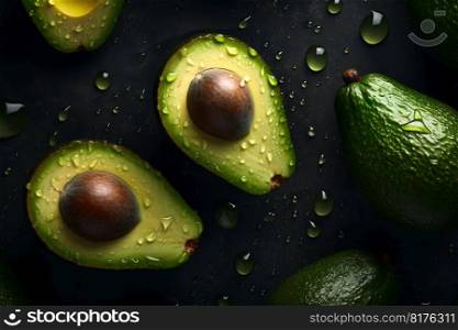 Avocado seamless background with water drops, top view, flat lay. Generative AI. High quality illustration. Avocado seamless background with water drops, top view, flat lay. Generative AI