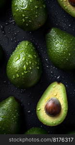 Avocado seamless background with water drops, top view, flat lay. Generative AI. High quality illustration. Avocado seamless background with water drops, top view, flat lay. Generative AI