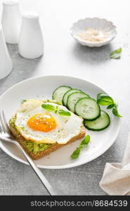 Avocado toast with fried egg for breakfast, healthy food