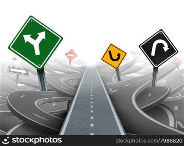 Avoiding distractions and clear strategy for solutions in business leadership with a straight path to success choosing the right strategic plan with yellow green black and red traffic signs through a maze of highways.