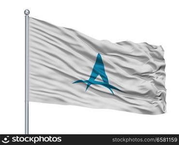 Awaji City Flag On Flagpole, Country Japan, Hyogo Prefecture, Isolated On White Background. Awaji City Flag On Flagpole, Japan, Hyogo Prefecture, Isolated On White Background