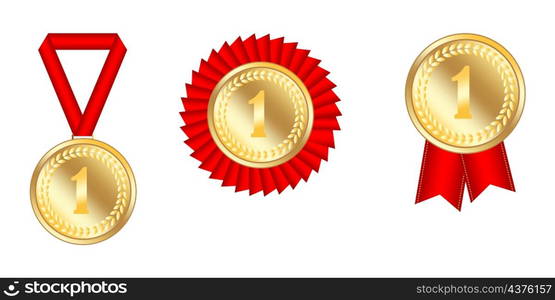 Award medals set. Red ribbon. First place. Winner signs. Reward symbol. Simple art. Vector illustration. Stock image. EPS 10.. Award medals set. Red ribbon. First place. Winner signs. Reward symbol. Simple art. Vector illustration. Stock image.