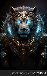 Awe-inspiring glowing black lion portrait in armor. Awe-inspiring glowing black lion portrait in armor AI Generated