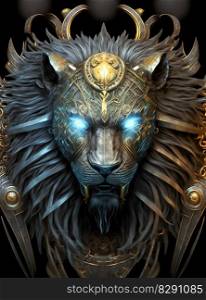 Awe-inspiring glowing black lion portrait in armor. Awe-inspiring glowing black lion portrait in armor AI Generated