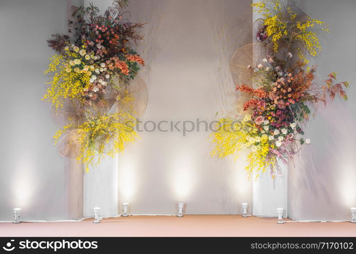 Awesome Wedding floral backdrops in marriage ceremony,Lover and Valentine, colorful and happiness,flower mockup display on the stage, organizer and designer for service groom and bride,wedding concept