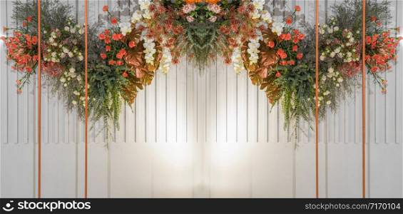 Awesome Wedding floral backdrops in marriage ceremony,Lover and Valentine, colorful and happiness,flower mockup display on the stage, organizer and designer for service groom and bride,wedding concept
