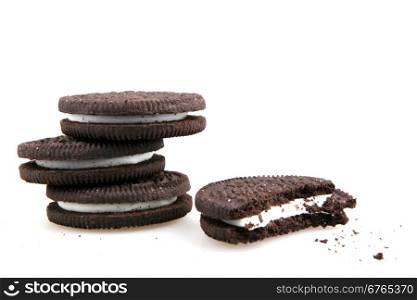 AYTOS, BULGARIA - OCTOBER 04, 2015: Oreo isolated on white background. Oreo is a sandwich cookie consisting of two chocolate disks with a sweet cream filling in between.