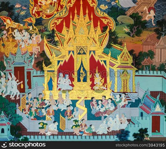 AYUTTHAYA ,THAILAND - MARCH 4, 2015 : Ancient Buddhist temple mural painting of the life of Buddha inside of Wat Phra khao in Ayutthaya, Thailand