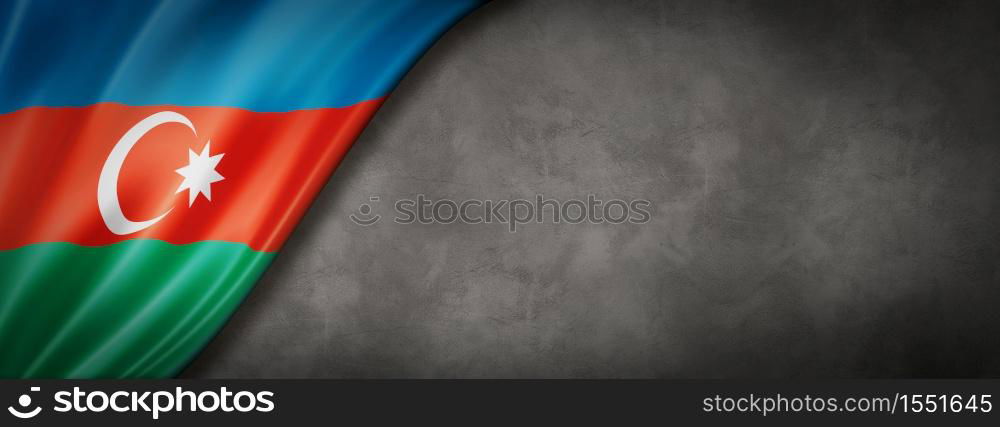 Azerbaijan flag on concrete wall. Horizontal panoramic banner. 3D illustration. Azerbaijani flag on concrete wall banner