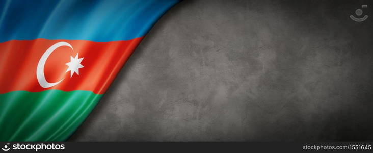 Azerbaijan flag on concrete wall. Horizontal panoramic banner. 3D illustration. Azerbaijani flag on concrete wall banner