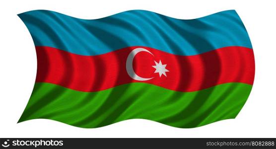 Azerbaijani national official flag. Patriotic symbol, banner, element, background. Correct colors. Flag of Azerbaijan with real detailed fabric texture wavy isolated on white, 3D illustration. Flag of Azerbaijan wavy on white, fabric texture