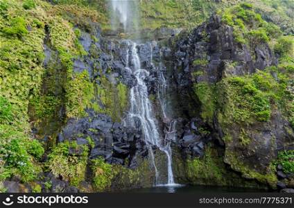 Azores waterfalls and cliffs in Flores island. Portugal.