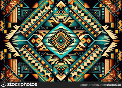 Aztec geometric pattern with triangles, diamond and sharp angles. Tribal, folk embroidery style. Ornamental ethnic print. Design for carpet, wallpaper, clothing, wrapping, fabric, cover, textile. AI. Aztec geometric pattern in traditional ornamental ethnic style. AI