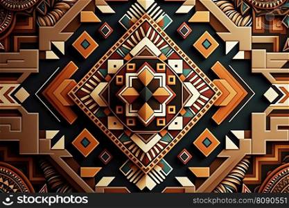 Aztec geometric pattern with triangles, diamond and sharp angles. Tribal, folk embroidery style. Ornamental ethnic print. Design for carpet, wallpaper, clothing, wrapping, fabric, cover, textile. AI. Aztec geometric pattern in traditional ornamental ethnic style. AI