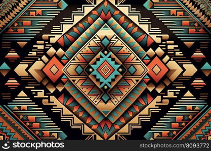 Aztec geometric pattern with triangles, diamond and sharp angles. Tribal, folk embroidery style. Ornamental ethnic print. Design for carpet, wallpaper, clothing, wrapping, fabric, cover, textile. AI. Aztec geometric pattern in traditional ornamental ethnic style. AI