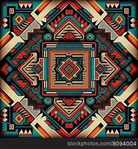 Aztec geometric pattern with triangles, diamond and sharp angles. Tribal, folk embroidery style. Ornamental ethnic print. Design for carpet, wallpaper, clothing, wrapping, fabric, cover, textile. AI. Aztec geometric pattern in traditional ornamental ethnic style. AI