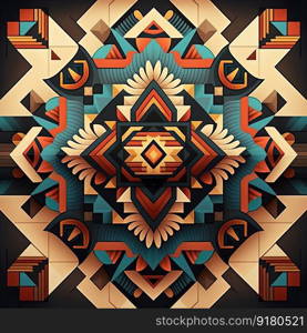 Aztec geometric pattern with triangles, diamond and sharp angles. Tribal, folk embroidery style. Ornamental ethnic print. Design for carpet, wallpaper, clothing, wrapping, fabric, cover, textile. AI. Aztec geometric pattern in traditional ornamental ethnic style. AI