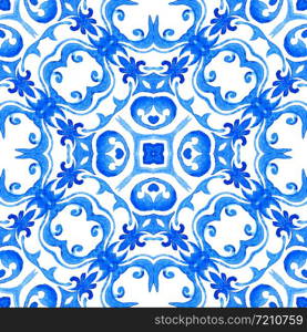 Azulejo tile design style. Abstract blue and white hand drawn seamless ornamental watercolor pattern. Elegant old fashioned texture for fabric and wallpapers, backgrounds and page fill.. Abstract seamless ornamental watercolor damask flower paint tile pattern for fabric