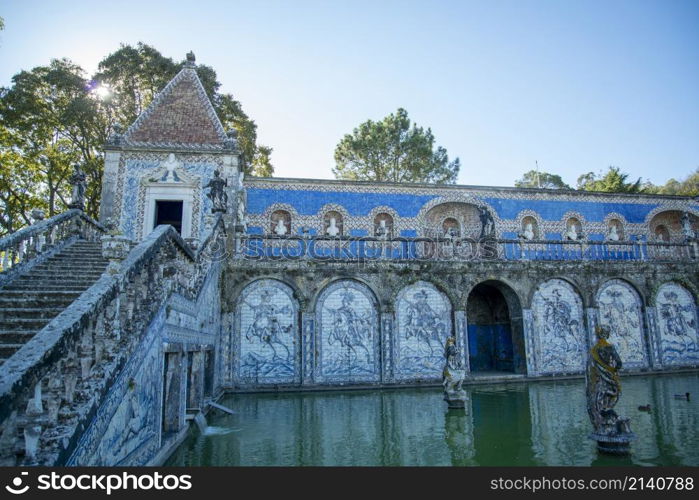 Azulejos at the House and Garden of the Palacio Fronteira in Benfica in the City of Lisbon in Portugal. Portugal, Lisbon, October, 2021