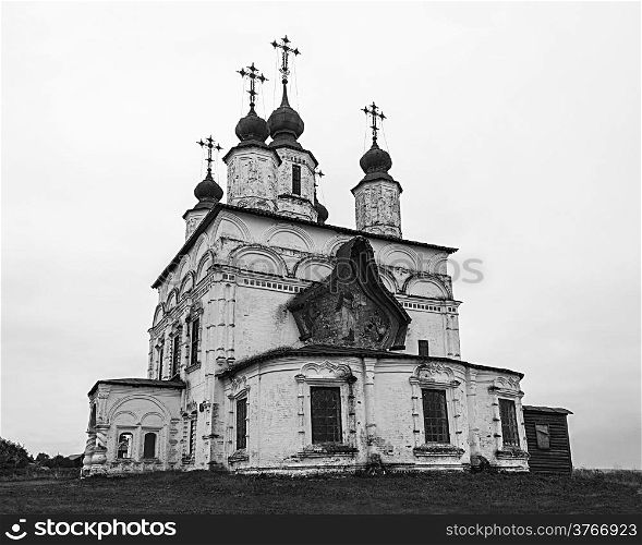 B&amp;W Demetrios Church in Dymkovo Sloboda, Great Ustyug, North Russia. Built in 1700-1708.