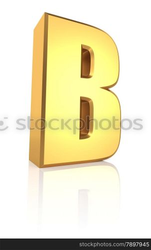 B letter. Gold metal letter on reflective floor. White background. 3d render