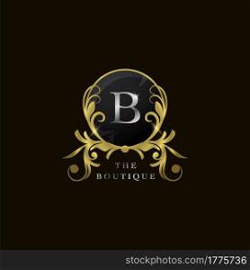B Letter Golden Circle Shield Luxury Boutique Logo, vector design concept for initial, luxury business, hotel, wedding service, boutique, decoration and more brands.