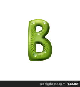 B letter isolated summer fruit alphabet symbol. Vector ABC sign made of tropical kiwi. Letter B of kiwi with seeds, ABC and water drops