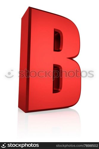B letter. Red letter on reflective floor. White background. 3d render
