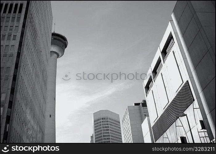 B&W view of Calgary&acute;s Glenbow Museum and Calgary Tower.