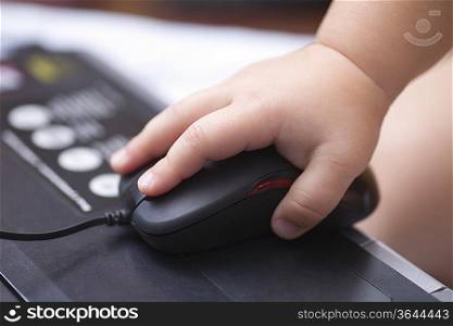 Baby&acute;s hand holds computer mouse