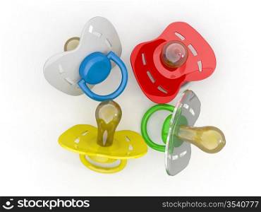 Baby&acute;s pacifiers on white isolated background. 3d