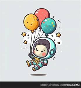 Baby astronaut floating through space together holding on to a balloon. Generative AI