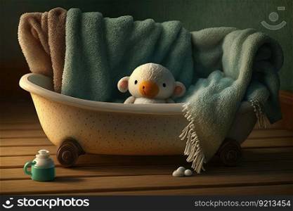 baby bathtub filled with warm water and soft towels for comfortable, created with generative ai. baby bathtub filled with warm water and soft towels for comfortable