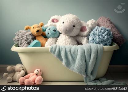 baby bathtub, surrounded by pile of fluffy towels and washcloths, created with generative ai. baby bathtub, surrounded by pile of fluffy towels and washcloths