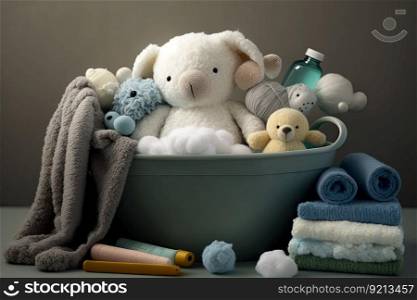 baby bathtub surrounded by plush towels and other essential baby items, created with generative ai. baby bathtub surrounded by plush towels and other essential baby items