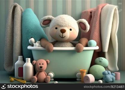 baby bathtub surrounded by plush towels and other essentials in bathroom, created with generative ai. baby bathtub surrounded by plush towels and other essentials in bathroom