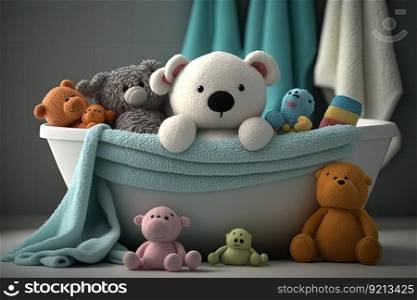 baby bathtub surrounded by plush towels and toys in modern bathroom, created with generative ai. baby bathtub surrounded by plush towels and toys in modern bathroom