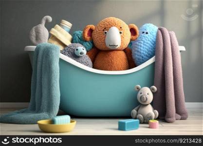 baby bathtub, surrounded by plush towels and toys, in modern bathroom, created with generative ai. baby bathtub, surrounded by plush towels and toys, in modern bathroom